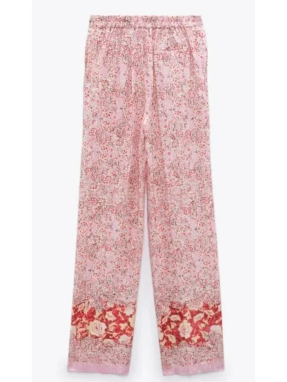 ZARA XS Pink Floral Paisley Linen Palazzo Pants Wide Straight Leg